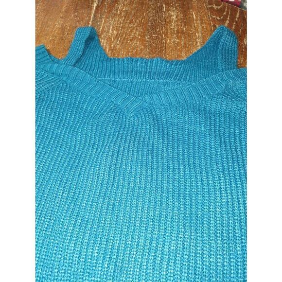 Medium Teal Cold Shoulder Long Sleeve Deep Vneck Oversized Pullover Knit Sweater - Picture 4 of 4